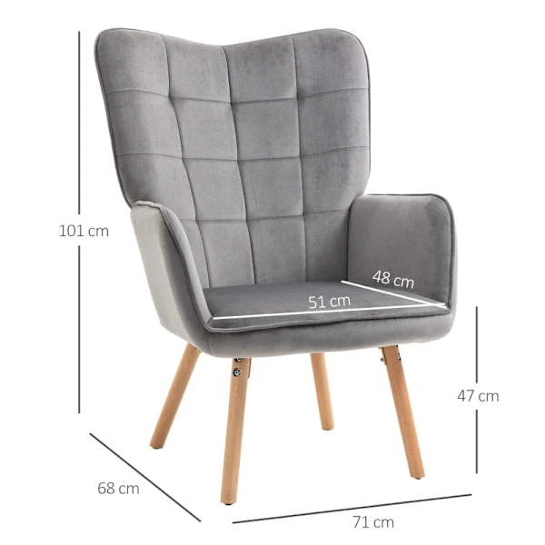Rootz Lænestol I Retro Design - Læsestol - Velvet Look - Grå - 71cm x 76cm x 101cm