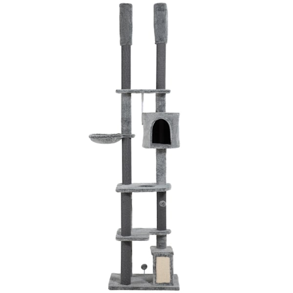 Rootz Cat Scratching Post Tree - Justerbara höjder - Mysiga hängmattor - Flera nivåer - Mjukt skydd - Rejäla stöd - Golv till tak - Grå - 60cm x 48cm