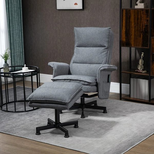 Rootz Massagekontorsstol - Fotpall - Praktisk sidoficka - 8 vibrationshuvuden - Linnepolyester - 1 fjärrkontroll - 1 sidoficka - Grå - 78L x 93W x 99H