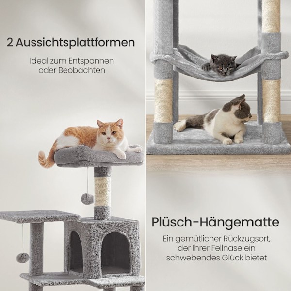 Rootz Cat Scratching Post - Cat Tree - Kitty Tower - Plush Cover - 143 cm High - Cuddly Cave - Relaxation Platform