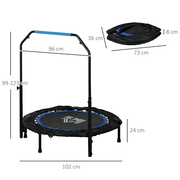 Rootz Fitness studsmatta - Exercise Rebounder - Ministudsmatta - Stålram - 102cm x 99-123cm - Svart+Blå