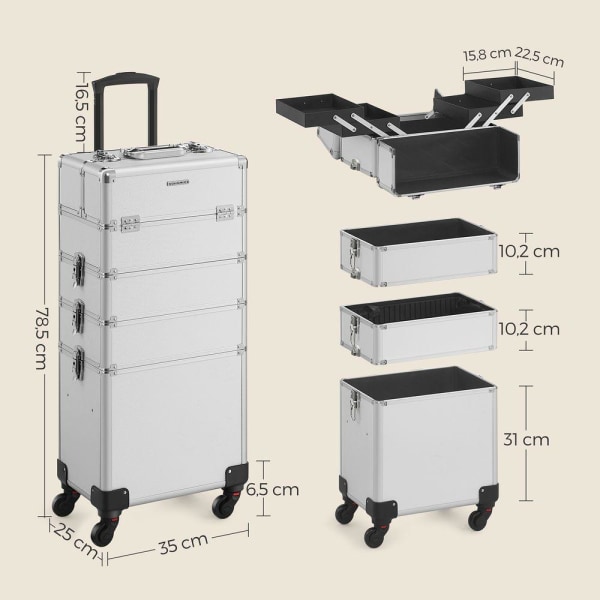 Rootz Trolley - Cosmetic Case Trolley - 4-i-1 Design - Sminkfodral med hjul - Resesminkorganisator - Sminkförvaring med stor kapacitet - Aluminiumrems