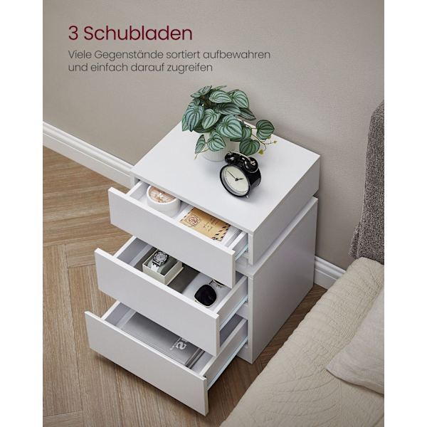 Rootz spånplade sidebord - Hvidt endebord - Sengebord - Natbord med 3 skuffer - 33,5 cm x 40 cm x 55 cm - Letvægts - Robust - Nem montering