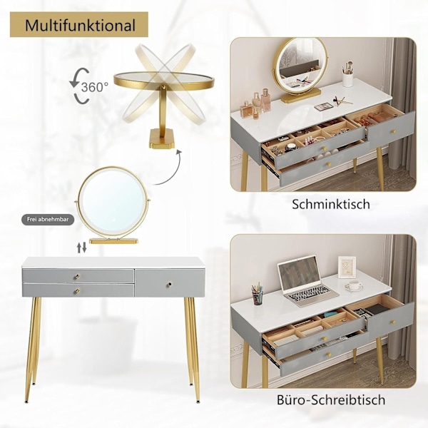 Rootz justerbart toalettbord med LED-spegel och sammetspall - Sminkbord - Justerbar belysning, gott om förvaring, ergonomisk design - 100 cm x 122 cm