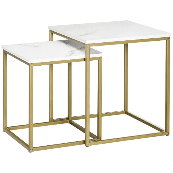 Rootz 2 sideborde - stabelbare sideborde - bordplade i marmorlook - Lille sofabord - træmateriale - guld + hvid - 45L x 45W x 50H cm