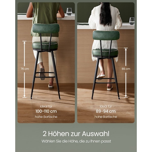 Rootz 2 Barstolar Set - Skogsgröna pallar - Stålram - Formgjutet skum - PU-läder - 54cm x 54cm x 91cm - 13,6kg - 120kg Kapacitet