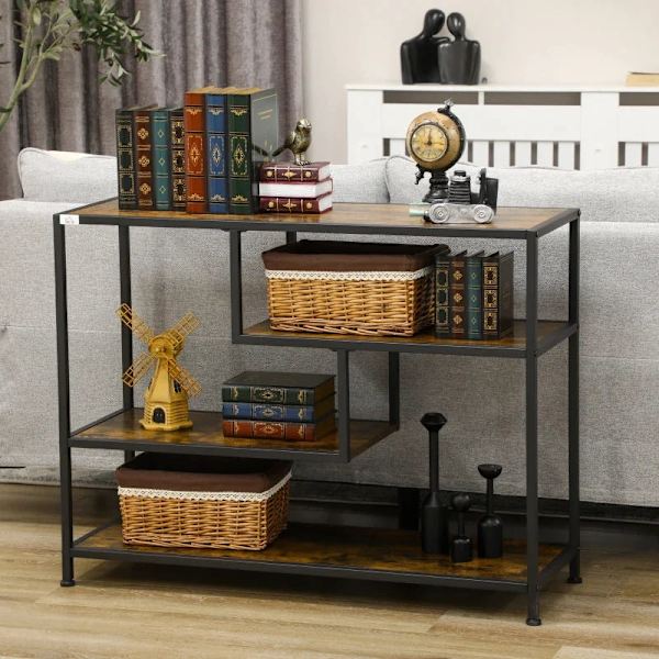 Rootz Hylde - Konsolbord - Industrielt design - 4 hylder - Stålstel - Spånplade - Rustik Brun + Sort - 99,6 x 33,6 x 74 cm