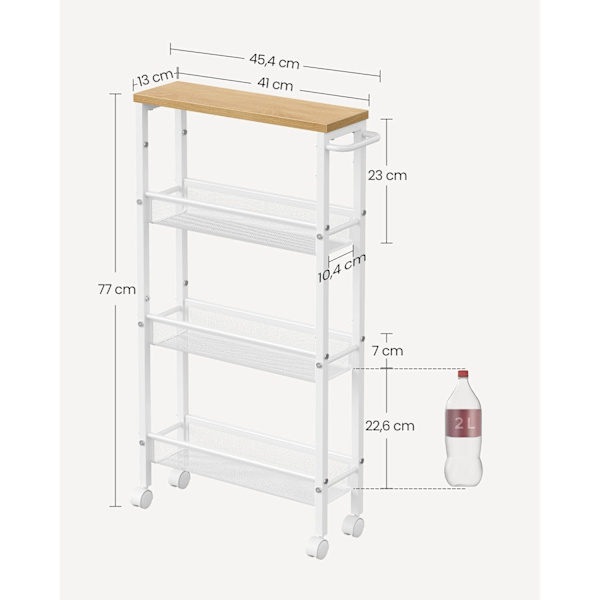 Rootz Oak White Trolleyvogn - Opbevaringsvogn - Rullevogn - Spånplade og stål - Letvægts - Nem montering - Pladsbesparende - 13 cm x 45,4 cm x 77 cm