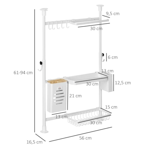 Rootz Køkkenskabe - Knivholderkrog - Rustfast - Klemmedesign - Køkkenrulleholder - Metalramme - Hvid - 56L x 16,5W x 61-94H cm