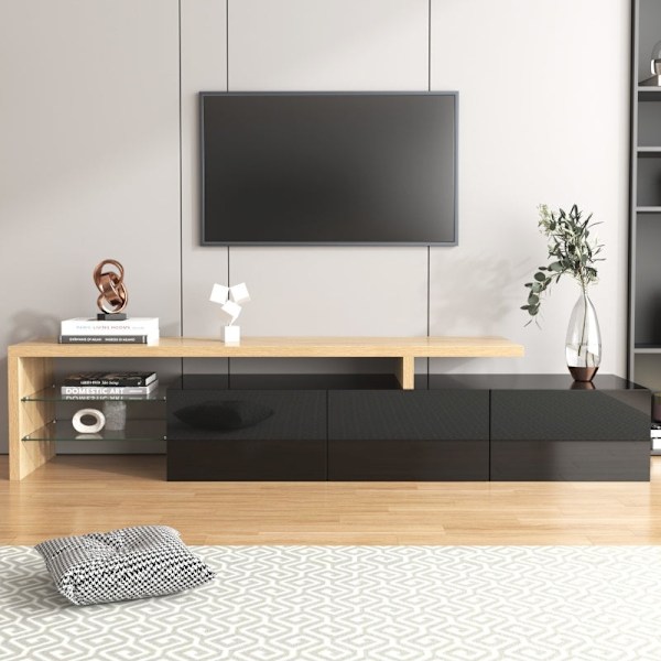 Rootz Elegant TV-skåp - Högglanssvart - Trälook - Glashyllor - LED-belysning - 197,5L x 39W x 42H cm