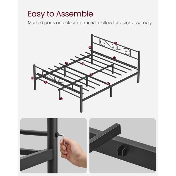 Rootz Black Metal Sängram - Pulverlackerad sängplats - Robust ram - Enkel montering - 207,6 cm x 161,8 cm x 86 cm - 23,5 kg - 400 kg Kapacitet