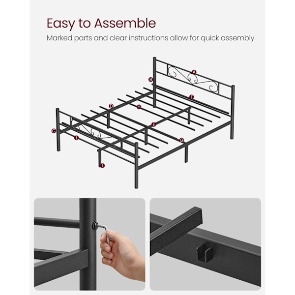 Rootz sort metal sengestel - Pulverlakeret sengeplads - Robust ramme - Nem montering - 207,6 cm x 161,8 cm x 86 cm - 23,5 kg - 400 kg Kapacitet