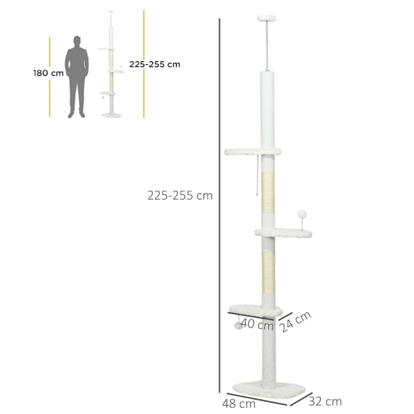 Rootz PawHut loftshøj kradsestolpe - Justerbart kattetræ - Klatretårn - Beskytter møbler - Flere platforme - 48W x 32D x 225-255H cm