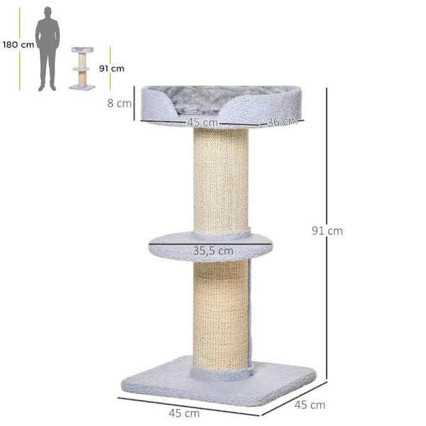 Rootz Cat Tree - Leikkipuu - Raaputustolppa alustalla - Sisal E1 lastulevypehmo - Vaaleansininen - 45 x 45 x 91 cm