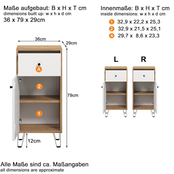 Rootz Bathroom Dresser - Storage Cabinet - Bath Organizer - Scandinavian Design - White Matt with Artisan Oak - 36x79x29 cm