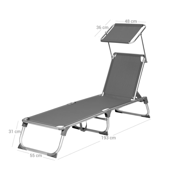 Rootz Solstol - Utomhussäng - Avkopplingsstol - Aluminiumram - Syntetfibertyg - Rökgrå - 55cm x 193cm x 31cm
