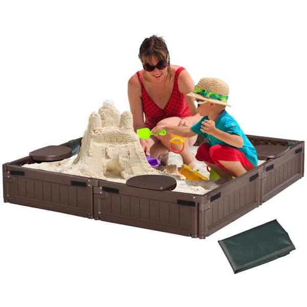 Rootz sandlåda med lock och markduk - Presenning - Markspetsar - Modulär design - 4 säten - Brun - 1,23L x 1,23W Cm