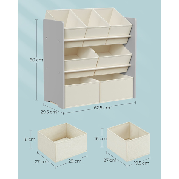 Rootz Children's Dove Grå hylde - Bogreol til børn - Legetøjsorganisering - MDF ikke-vævet stof - 29,5 cm x 62,5 cm x 60 cm - Letvægts - Robust - Nem
