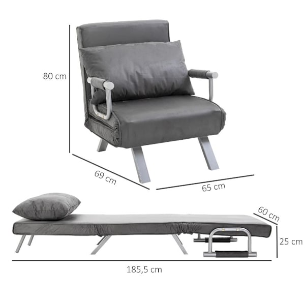 Rootz Relax fåtölj - Gästsäng - Armstöd - 3-i-1 - Schäslong - Dyna - Grå - 65 x 69 x 80 cm