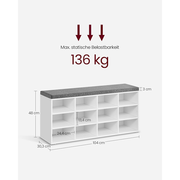 Rootz skobænk med opbevaring - Entryway Organizer - Klassisk hvid - Spånplade - Skum - Imiteret linnedbetræk - 30,3 cm x 78,5 cm x 48 cm - 136 kg Max