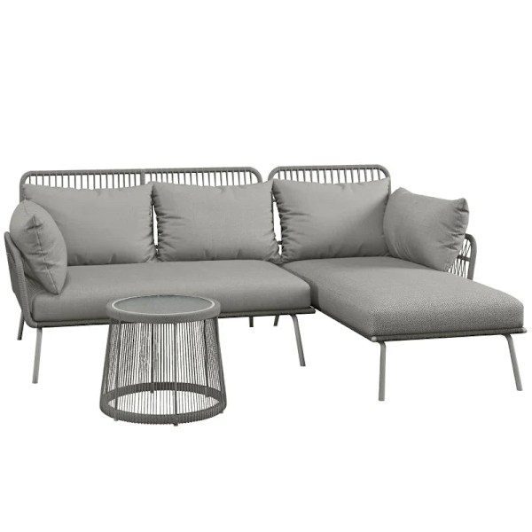 Rootz udendørs siddegruppe - Dobbelt sofa - Havesofa - Boho Style - 1 hjørnesofa - 1 sidebord - Lysegrå - 125 cm x 77 cm x 82 cm