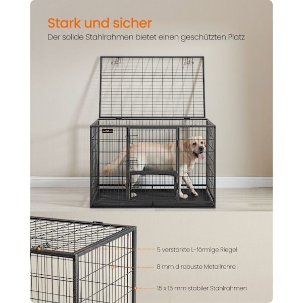 Rootz Heavy-Duty Hundbur - Djurbur - Stålmaterial - Rymlig interiör - 122 cm x 75,5 cm x 80,5 cm - Grå