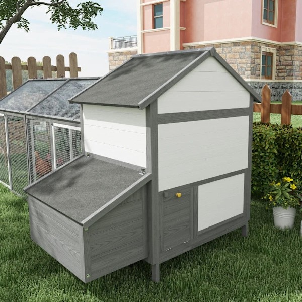 Rootz Chicken Coop - Smådjurshus - 2 utomhusinhägnader - 1 häckningslåda - 2 ramper - Asfalttak - Väderbeständig - Grå - 247 cm x 125 cm x 113,5 cm