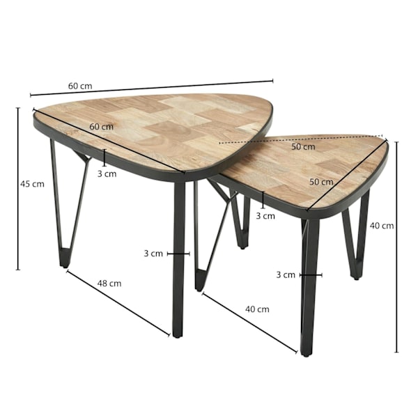 Rootz design -sohvapöytäsetti 2 kpl mangoa - akaasia massiivipuuta pesimäpöydät kolmion muotoiset - Ruskea sohvapöytä metallijaloilla - Levymatto 2-os