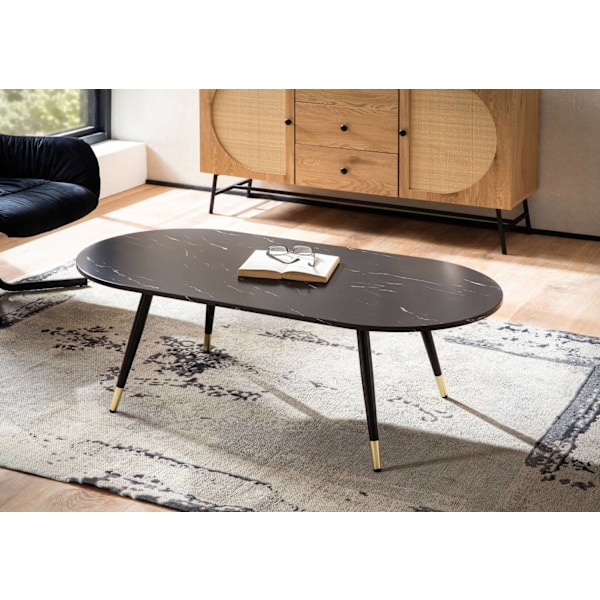 Rootz Ovalt soffbord - Modernt vardagsrumsbord - Bord i marmorlook - Säkra metallben - 120 cm x 60 cm x 41,5 cm - Elegant design i svart och guld