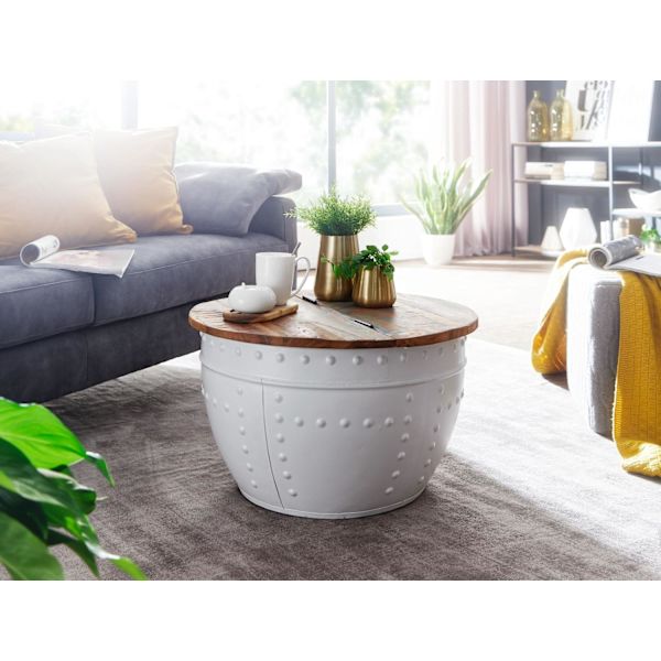 Rootz sofabord Mango 60x36x60 cm massivt træ metal hvid industrirundt - Design stuebord med opbevaringsplads - Loungebord sofabord moderne