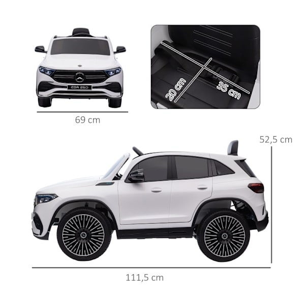 Rootz elektrisk børnebil - Licenseret Mercedes-Benz EQA - Ride-On-bil til børn - Musik & forlygter - Fjernbetjening - 111,5 cm x 69 cm x 52,5 cm - Hvi