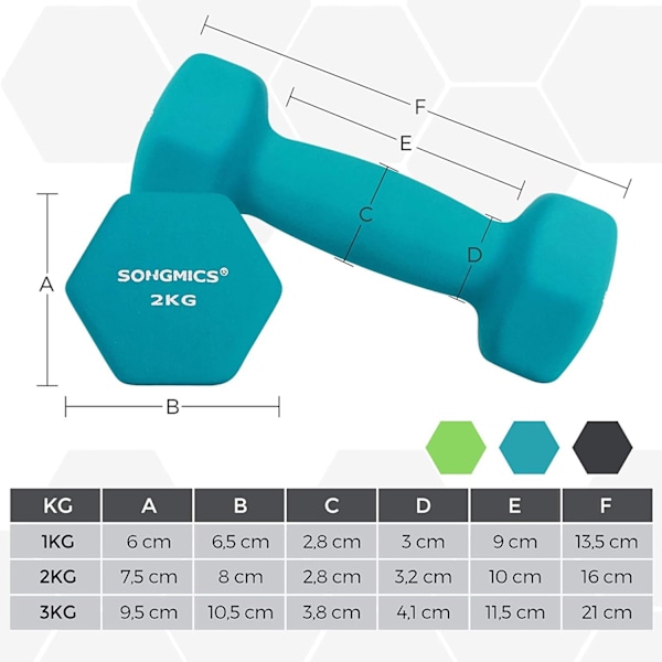 Rootz Hantelset med stativ - Neoprenbeläggning - Lättviktsträning - Hemgymutrustning - 1 kg, 2 kg, 3 kg - Limegrön akvamarin - 6 st - 36 cm x 9 cm x 9