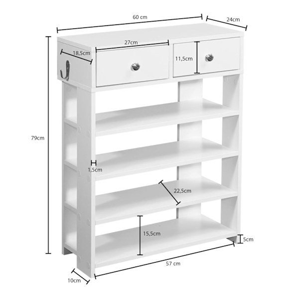 Rootz design skohylde 60 x 79 x 24 cm hallhylde hvid - Hylde med to skuffer Høj hylde med 4 rum