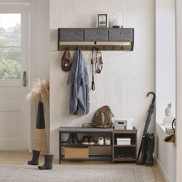Rootz vägg klädhängare Vägg - Hall Vägghylla - Förvaringsskåp med 3 korgar 7 krokar - B100 x D20 x H30cm