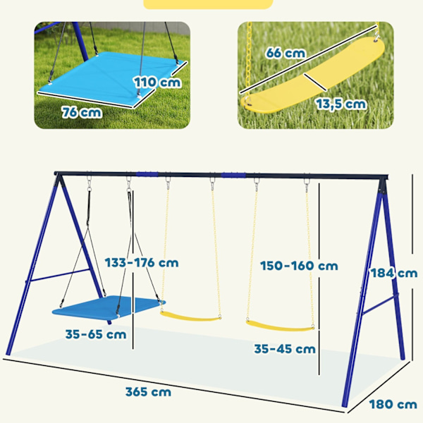 Rootz Swicken 3 -Child Swing Set - Outdoor PlaySet - Puutarhan vaihtelut - Kestävä teräsrunko - 365 cm x 180cm x 184 cm