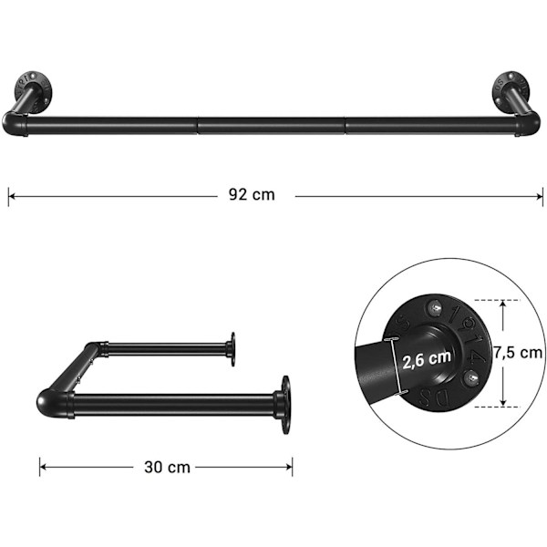 Rootz Klädställ - Set med 2 - Väggmonterad - 2 stavar - Svart - Metall - 92 x 30 x 7,5 cm