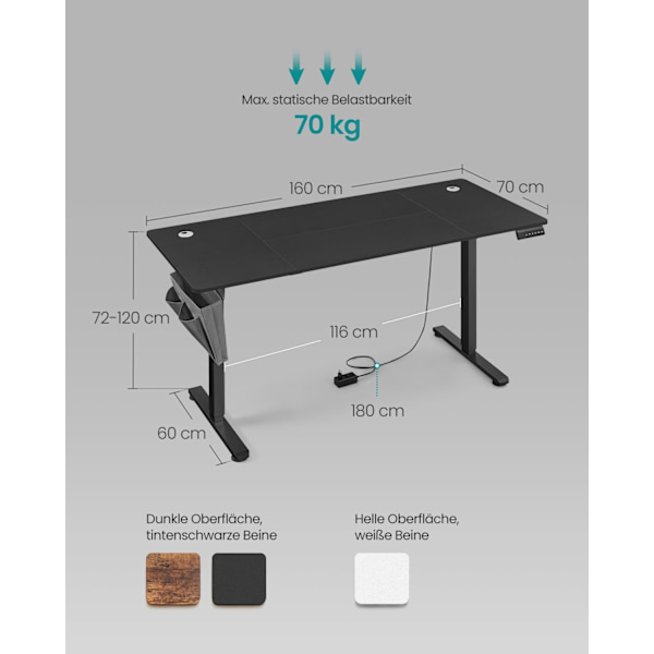 Rootz Elektriskt stående skrivbord - Sit Stand Skrivbord - Justerbart skrivbord - Spånskiva - Stål - Oxfordduk - 70cm x 160cm x 72-120cm