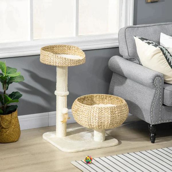 Rootz skrapstolpe - Två kattsängar - med tvättbara kuddar - Två skrapstolpar - Toy Ball - Beige/Gräddvit - 48 x 48 x 72cm