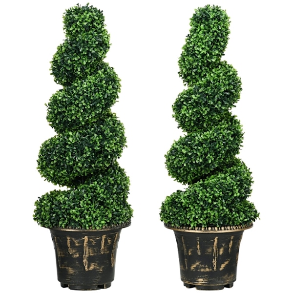 Rootz Spiral imiterede buksbomplanter - Kunstige topiaries - Realistisk farve og tekstur - Stabile cementpotter - Sæt med 2 - Grøn - 90 cm x 30 cm x 2