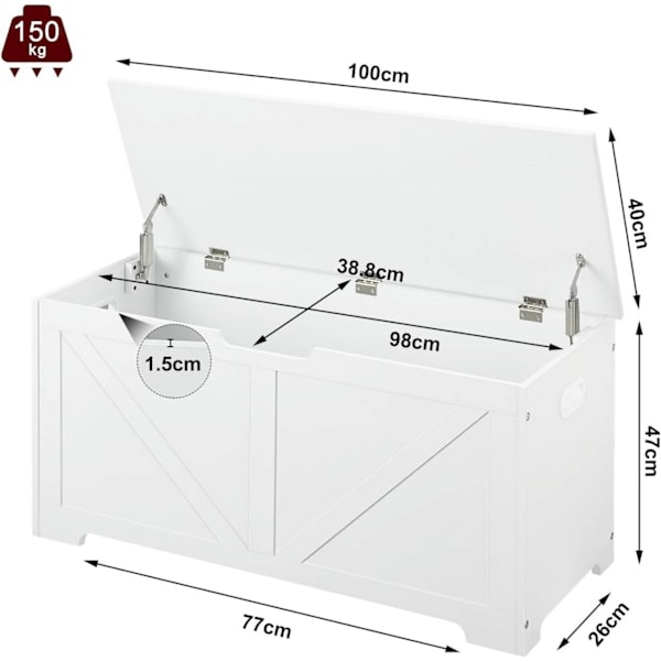 Rootz Vit Skobänk med förvaring - Sängbänk - Osmansk - 76L dold förvaring - Robust konstruerat trä - 100cm x 47cm x 40cm