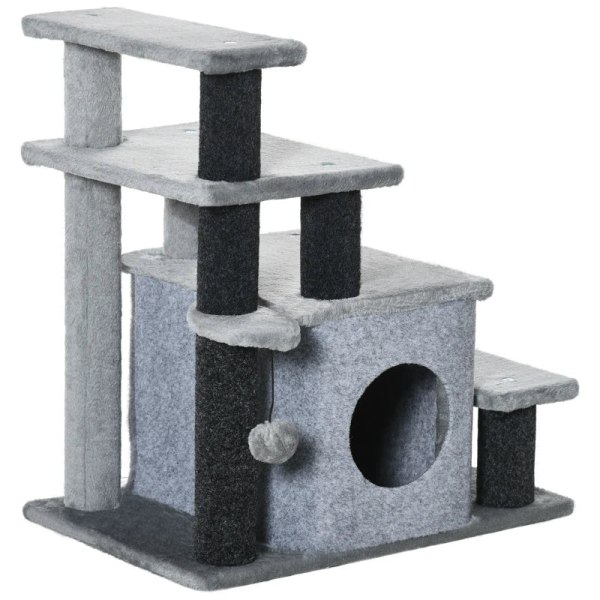 Rootz skrapstolpe - Djurtrappa - 4 steg - Lekboll - Hus - Höjdjusterbar - Svart + Grå - 60 x 40 x 66 cm