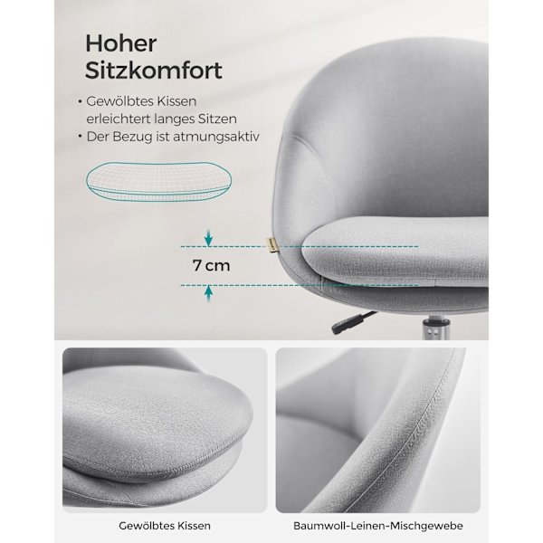 Rootz pyörivä tuoli harmaa - teräsrunko - puuvilla-pellava - pyörivät pyörät - 28kg/m3 vaahto - säädettävä korkeus - 60cm x 60cm x (80-90cm)