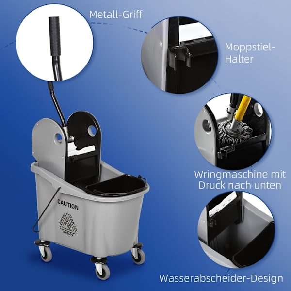 Rootz Industrial Cleaning Cart - Talonmieskärry - Moppiämpäri - Tilavuus 36L - Vedenerotin - Jälkiä jättämättömät pyörät - Muovi ja metalli - 54 cm x