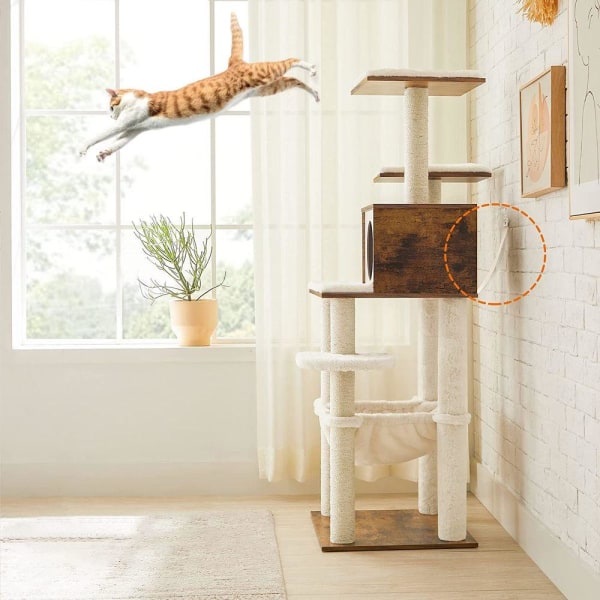 Rootz Cat Tree - Modern Cat Tree - Skrapstolpe - Katttorn - Kattmöbler - Kattskrapträd - Kattlekstuga - Modernt kattträd - Spånskiva - Brun - 55 x 45