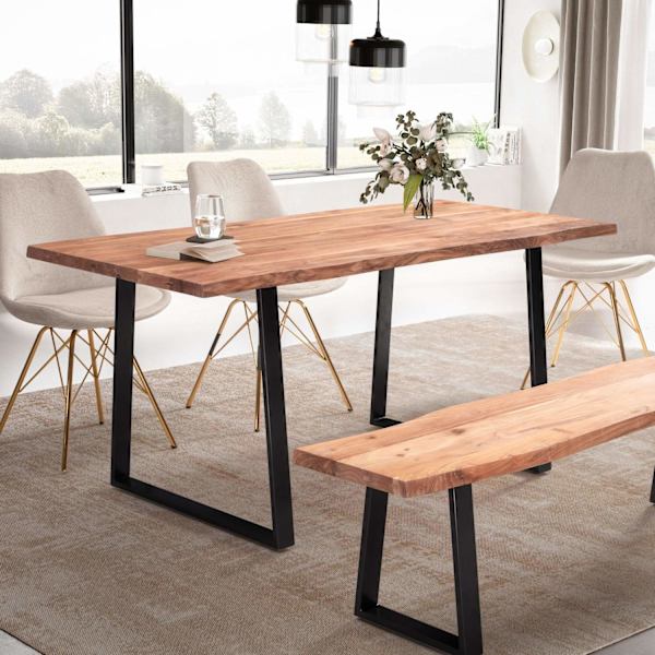 Rootz Massivt akacietræ Spisebord - Køkkenbord - Rektangulært bord - Naturligt trækorn - Unikt trækantdesign - Justerbare højdeknapper - 140 cm x 80 c