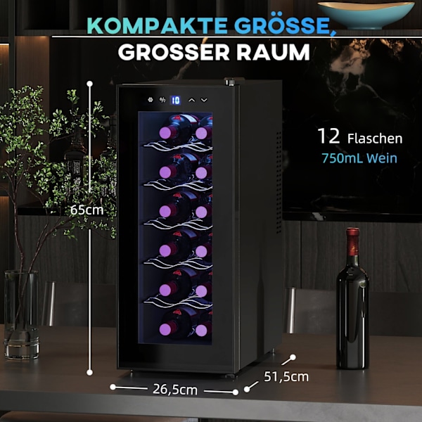 Rootz 12 flaskan vin kylskåp - dryck kylskåp - dryckskylare - energieffektiv - 26,5 cm w x 51,5 cm d x 65 h cm - pekskärm & LED -ljus