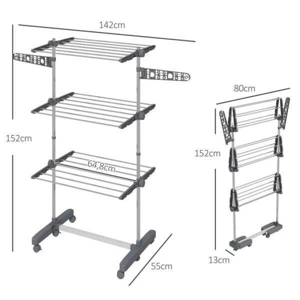 Rootz Klädtorkställ - Klädluftare - Torktumlare - 4 nivåer - Vikbart - One-click System - Rostfritt stål - Blå - Silver - 142cm X 55cm X 152cm
