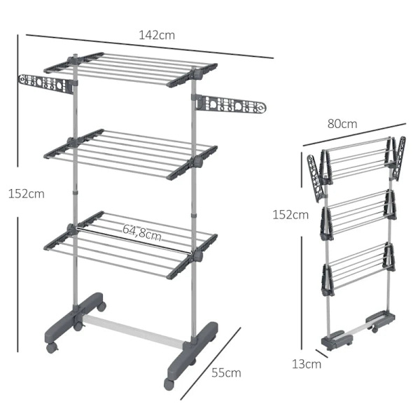 Rootz Tørrestativ - Tøjlufter - Tørretumbler - 4 niveauer - Sammenfoldelig - Et-klik-system - Rustfrit stål - Blå - Sølv - 142cm X 55cm X 152cm