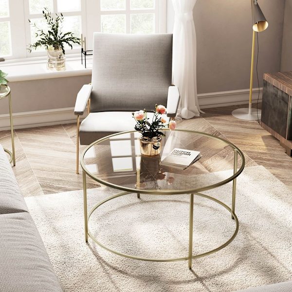 Rootz sofabord - Rundt sofabord med glasoverflade - Rundt sidebord - Sidebord af metalben - Stilfuldt rundt sidebord - Hærdet glas - Guld - 84 x 84 x