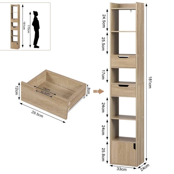 Rootz Modern multifunktionell bokhylla - Förvaringsorganisator - Displayhylla - Gott om förvaring - Utrymmeseffektiv - Hållbar - 33cm x 181cm x 24cm